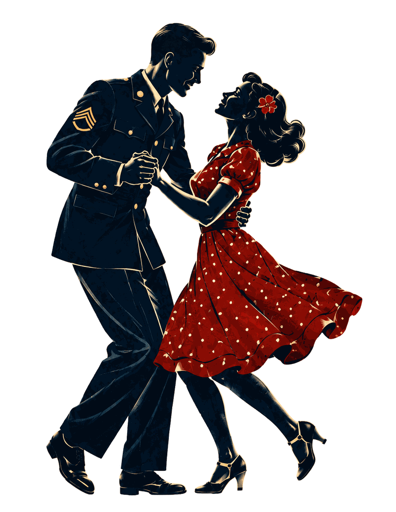 Illustration of a 1940s couple swing dancing, a soldier in dress uniform and a woman in a red polka-dot dress